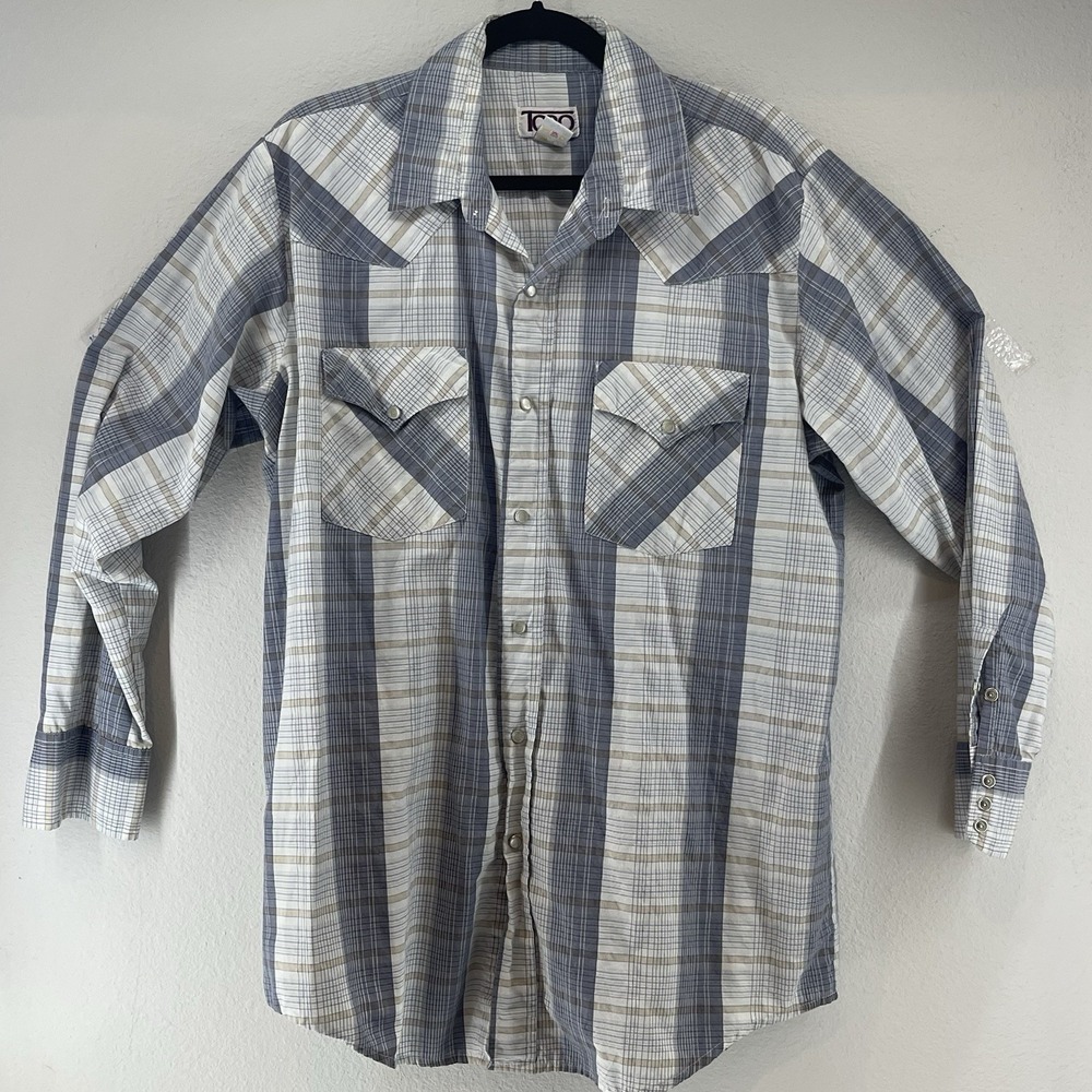 Vintage Pearl Snap Shirt Men's M Blue Plaid Retro Cowboy Western Rodeo Ranchcore